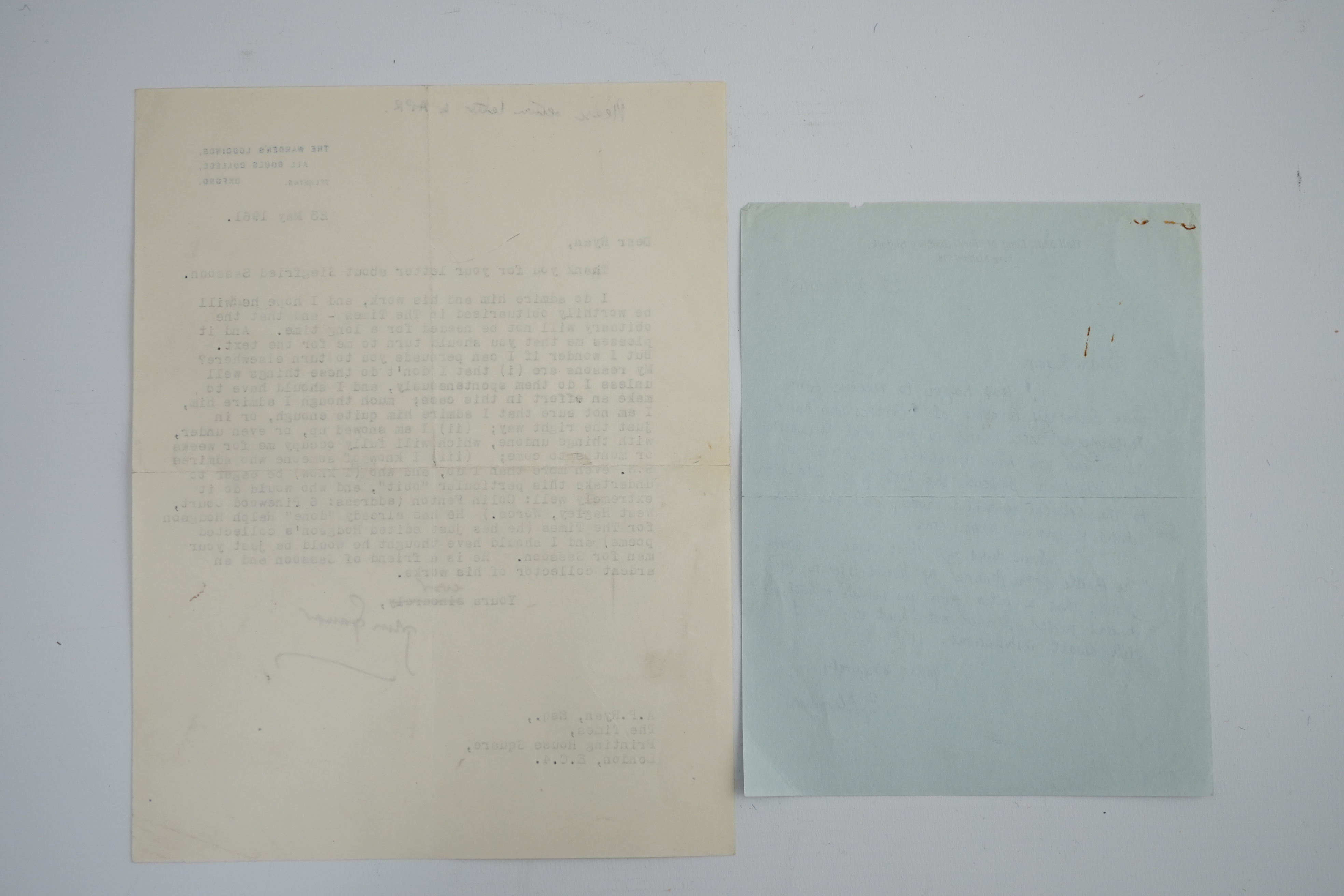 Edmund Blunden (1896-1974), English Poet, Author and Critic who, like his friend Siegfried Sassoon, wrote of his experiences during World War I in both verse and prose. A.L.S., E. Blunden, one page, 8vo